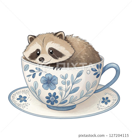 cutest animals in Japan  sitting in a teacup white background 127204115