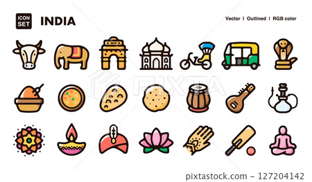 India illustration icon set - vector material depicting culture, cuisine, and traditions 127204142