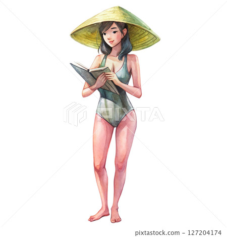 Beautiful Asian girl wearing a swimsuit white background 127204174