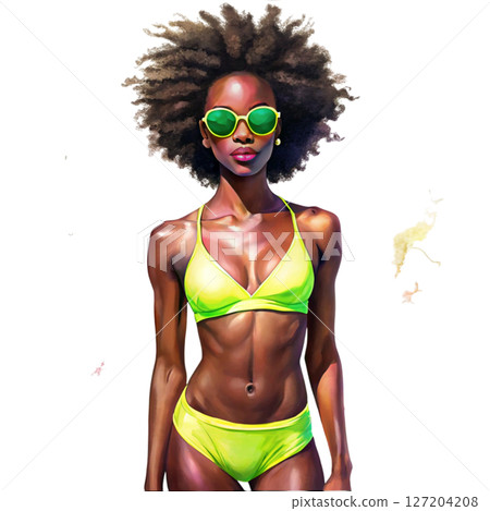 Dark skinned girl wearing a swimsuit white background 127204208