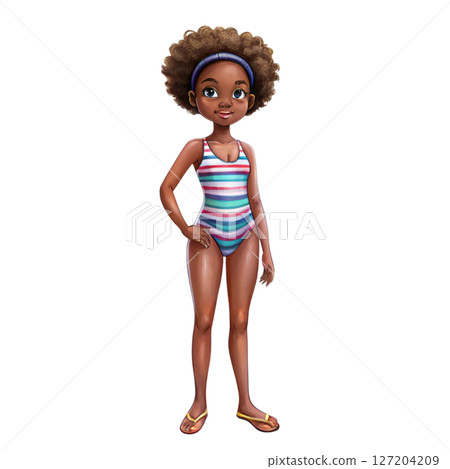 Dark skinned girl wearing a swimsuit white background 127204209