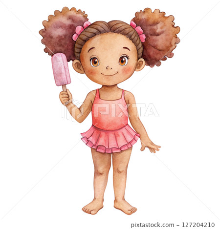 Dark skinned girl wearing a swimsuit white background 127204210