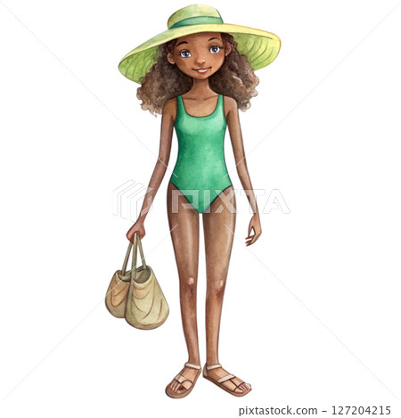 Dark skinned girl wearing a swimsuit white background 127204215