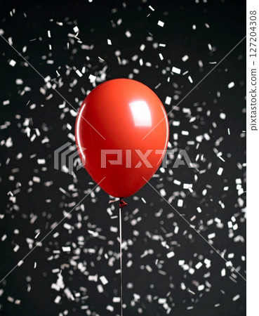 One red balloon flying with white confetti One red balloon flying with white confetti 127204308