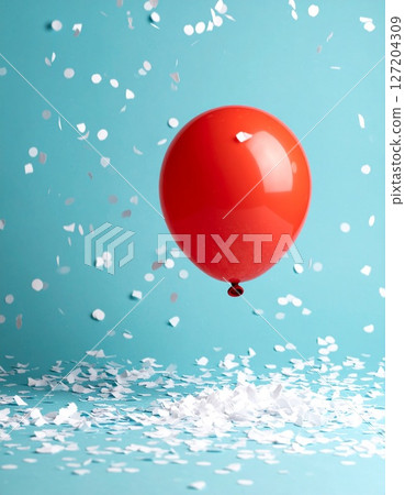 One red balloon flying with white confetti 127204309