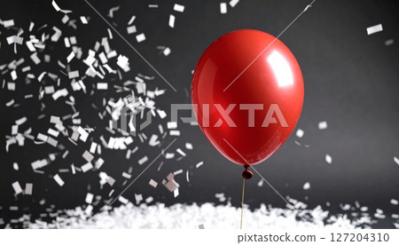 One red balloon flying with white confetti One red balloon flying with white confetti 127204310