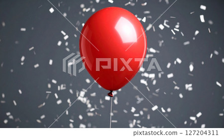 One red balloon flying with white confetti 127204311