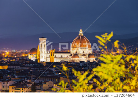 Florence, Italy, at dusk: the Duomo and Giotto's Campanile are illuminated 127204604