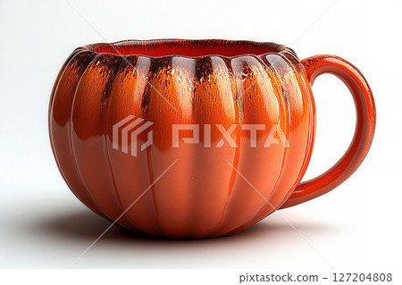 Ceramic cup in shape of a orange pumpkin in a rustic style on a white background. 127204808