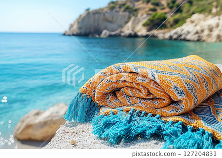 Beach towel with bold geometric patterns in summer beach. Retro style. Close-up. 127204831