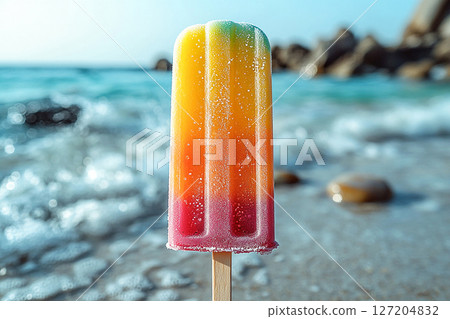 Popsicle with rainbow colors on a long stick on a summer background. Summer fun. Retro style. 127204832