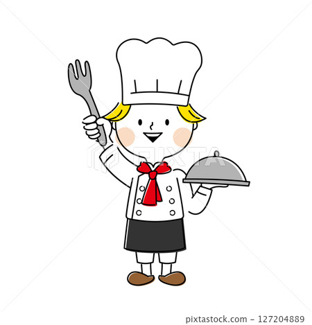 一個男孩廚師拿著叉子 一個男孩廚師拿著叉子 127204889