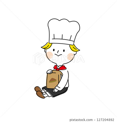 A cook boy sitting with a paper bag 127204892