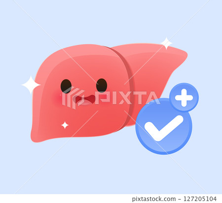 a cute liver character smiling happily, representing good condition and health. 127205104