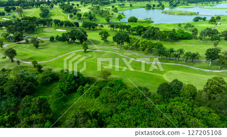 Aerial top view golf course with lush greens, green fairway and sand bunker, Golf course green grass and trees fairway and putting green, Beautiful golf course. 127205108