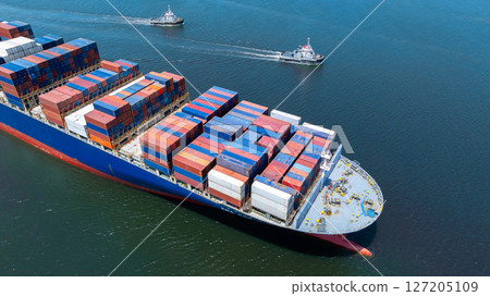 Aerial view cargo container ship global business maritime logistic, Cargo container ship freight shipping international supply chain, Sea freight industrial import export logistic transport industry. 127205109