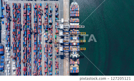 Aerial view cargo container ship global business maritime logistic, Cargo container ship freight shipping international supply chain, Sea freight industrial import export logistic transport industry. Aerial view cargo container ship global business maritime logistic, Cargo container ship freight shipping international supply chain, Sea freight industrial import export logistic transport industry. 127205121