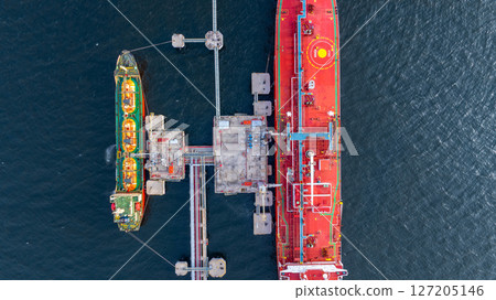 Aerial view LPG gas tanker ship at oil and gas terminal platform, Liquefied Petroleum Gas tanker ship industrial offshore oil gas terminal tanker ship, LPG tanker ship loading arm loading and 127205146