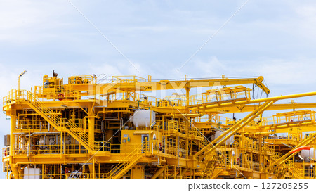Offshore Oil and Gas production platform, Heavy duty marine engineering structure for energy and petrochemical industry, Offshore oil rig energy infrastructure marine engineering, Offshore platform. Offshore Oil and Gas production platform, Heavy duty marine engineering structure for energy and petrochemical industry, Offshore oil rig energy infrastructure marine engineering, Offshore platform. 127205255