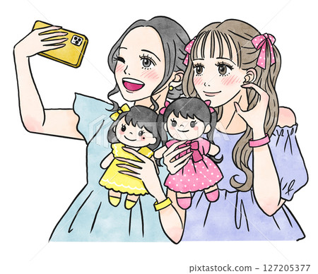 一位女士與她最喜歡的毛絨玩具合影的插圖 127205377