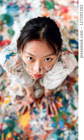Young artist with colorful paint on face and hands, kneeling on vibrant splattered canvas, showcasing creativity and artistic expression 127205382