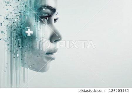 AI chip and cross symbol integrated with a female profile, illustrating the fusion of technology and medical innovation in a modern context 127205383