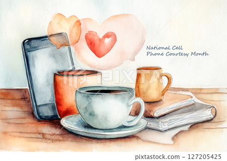 National Cell Phone Courtesy Month. Watercolor illustration of coffee cups and smartphone celebrating National Cell Phone Courtesy Month with warm colors and cozy ambiance 127205425