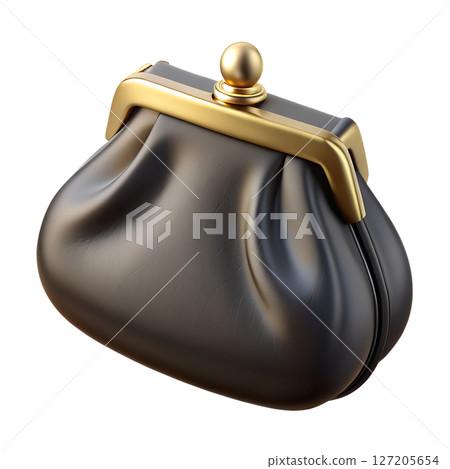 3d cartoon elegant black leather coin purse with gold clasp on transparent background, vintage money bag 127205654