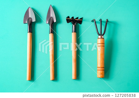 Gardening tools on a color background. Top view, 127205838