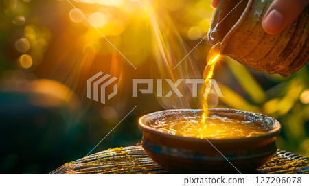 Golden latte with turmeric and matcha poured into rustic clay cup, sunlit scene with soft linen textures and wellness vibe. Golden latte with turmeric and matcha poured into rustic clay cup, sunlit scene with soft linen textures and wellness vibe. 127206078