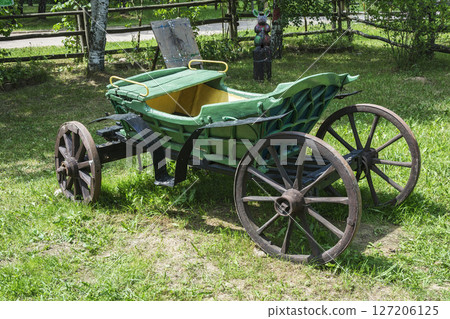 An old carriage for trips in a harness with a horse stands on the green grass An old carriage for trips in a harness with a horse stands on the green grass 127206125