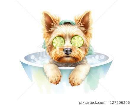 A charming Yorkshire Terrier hides in a bathtub filled with fluffy bubbles, with only its adorable ears peeking out from under a towel. A charming Yorkshire Terrier hides in a bathtub filled with fluffy bubbles, with only its adorable ears peeking out from under a towel. 127206206