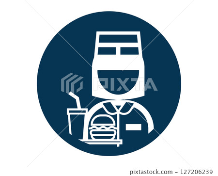 A simple monochrome outline illustration icon of a fast food worker holding a hamburger A simple monochrome outline illustration icon of a fast food worker holding a hamburger 127206239