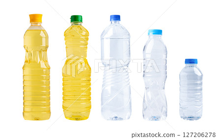 Vegetable oil and water in different bottle for cooking isolated on white background. 127206278