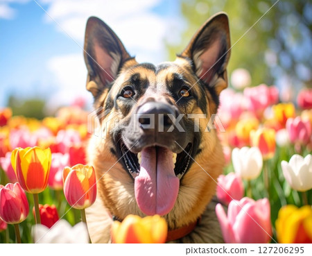 A photo of a happy smiling shepherd in a flower field 127206295