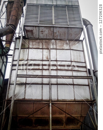 Decommissioned wood ply manufacturing plant, Industrial machineries and tools of Old Factory Facility, Rusty large industrial facilities 127206328