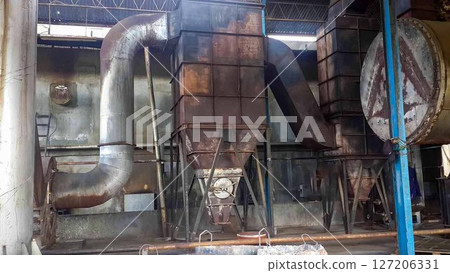 Decommissioned wood ply manufacturing plant, Industrial machineries and tools of Old Factory Facility, Rusty large industrial facilities 127206331