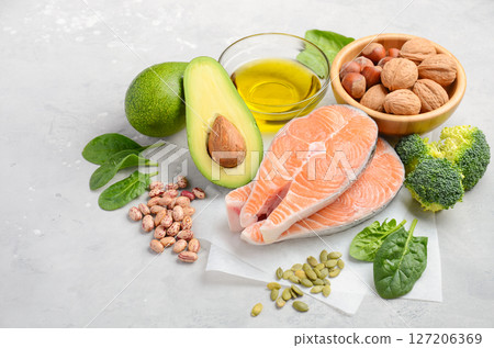 Selection of healthy products. Balanced diet concept. 127206369