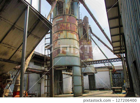 Decommissioned wood ply manufacturing plant, Industrial machineries and tools of Old Factory Facility, Rusty large industrial facilities 127206400