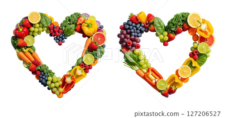 Vibrant heart shapes made of fresh fruits and vegetables for healthy living 127206527