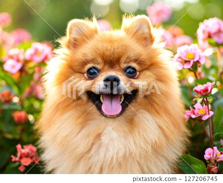 一張在花田裡露出幸福笑容的博美犬的照片 127206745
