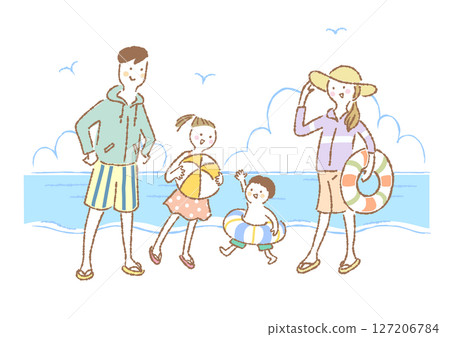 Illustration of a family of four in swimsuits enjoying swimming in the sea (with background) 127206784