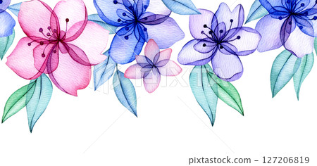 seamless border of watercolor transparent flowers. abstract flowers and leaves in delicate pink and blue colors 127206819