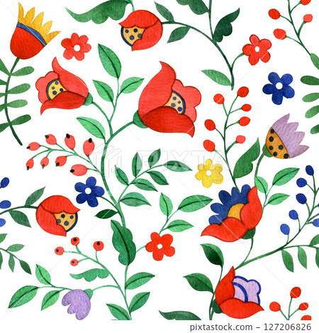Seamless pattern of abstract fantasy flowers in folk style. Watercolor illustration 127206826