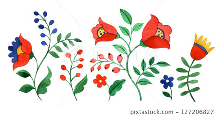 set of abstract fantasy flowers, berries and leaves in folk style. watercolor illustration 127206827