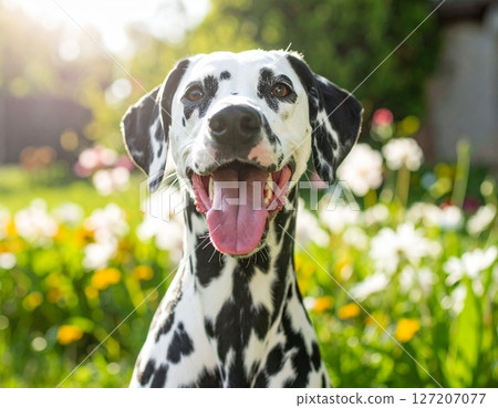 A photo of a Dalmatian smiling happily in a flower field 127207077