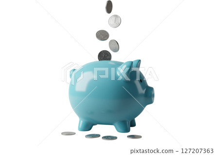 Coins falling into a blue piggy bank isolated on transparent background 127207363