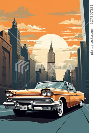 Vintage car in the street of New York city. Poster design. Generative Ai 127207521