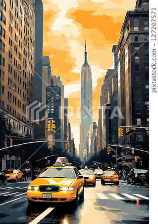 Yellow cab in downtown Manhattan in New York City. Illustrated poster design. Generative Ai 127207571