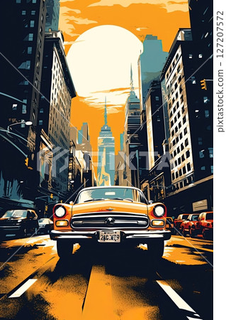 Vintage car in the street of New York city. Poster design. Generative Ai 127207572